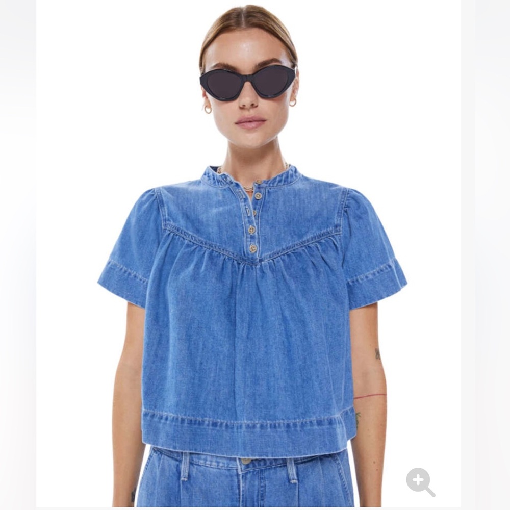 MOTHER Denim The Giggler Top Salt/Lime Blue Jean Button Babydoll S $255 - Picture 2 of 16